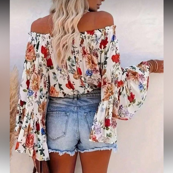 Boho Floral Off Shoulder Top Blouse Shirt White - Picture 4 of 4